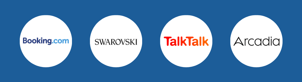 Logos of Booking.com, Swarovski, TalkTalk and Arcadia